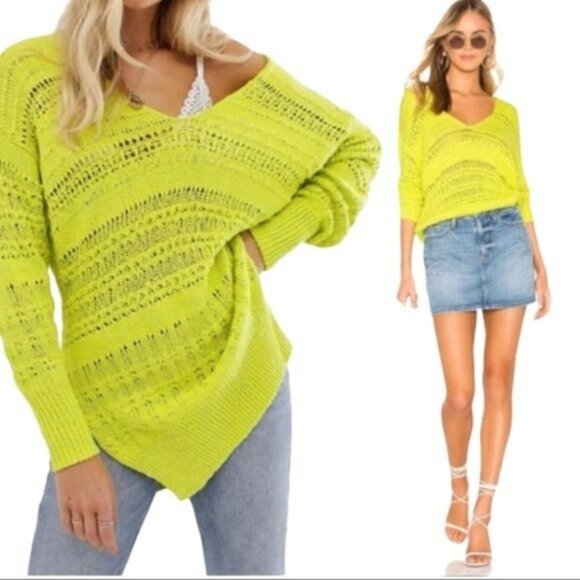 FREE PEOPLE Hot Tropics Open Knit Sweater Limelight Combo- Medium NWT - Picture 1 of 8